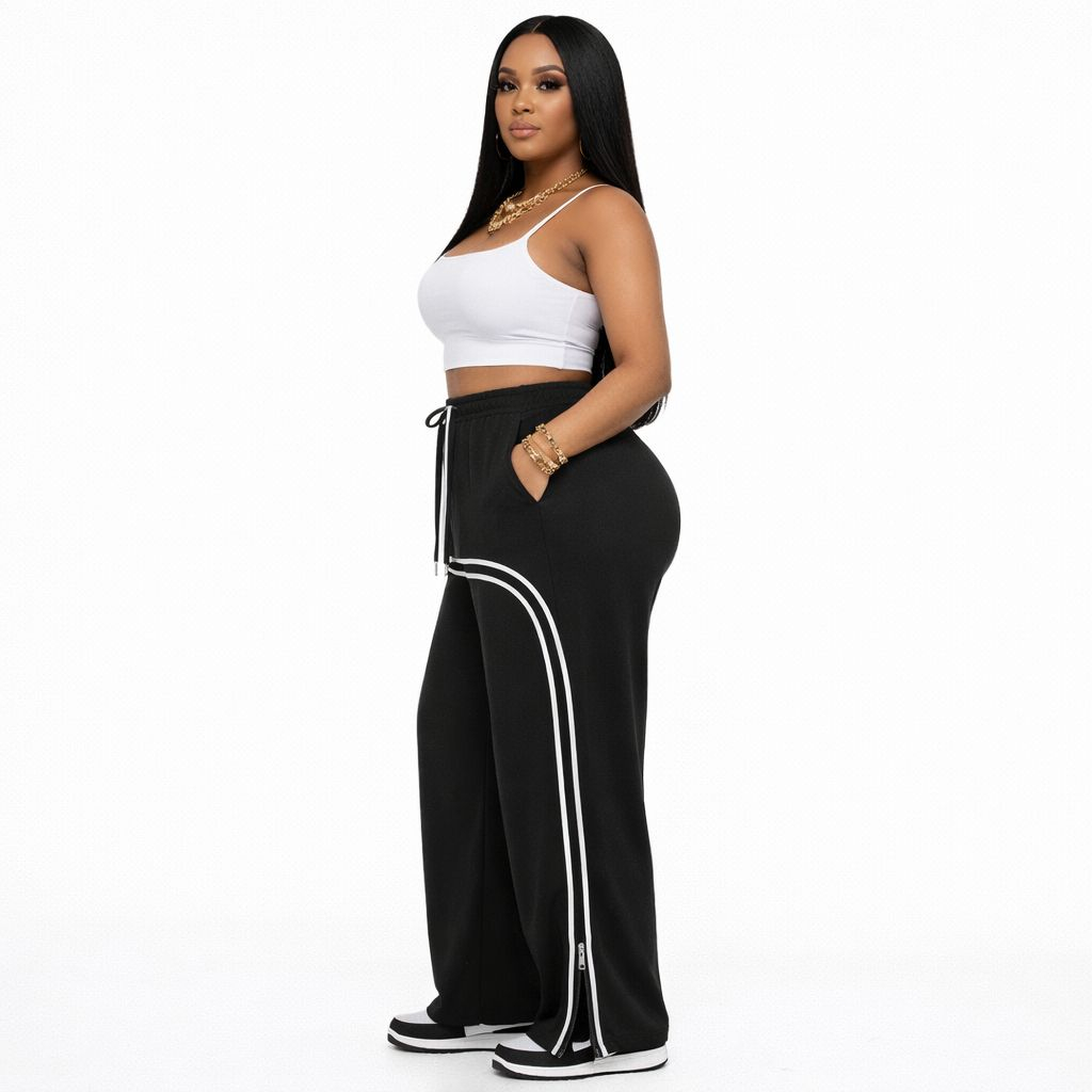 Black Wide Leg Track Pants with Side Stripes Zip Hem Streetwear Trousers